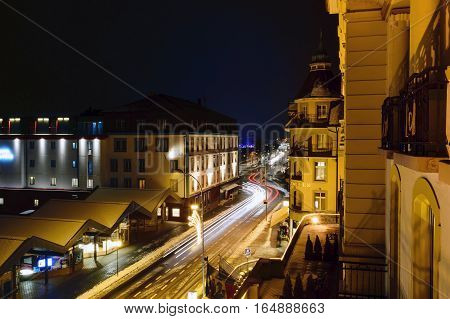 Interlaken,Switzerland-Jan 4,2017: Beautiful night on the road in the winter of Interlaken. Which is a famous tourist city of Switzerland.
