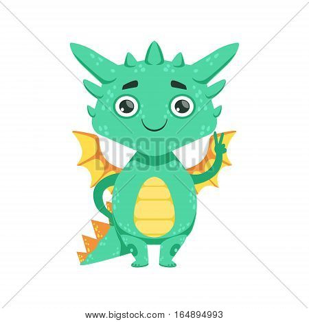 Little Anime Style Baby Dragon Smiling And Showing Peace Gesture Cartoon Character Emoji Illustration. Vector Childish Emoticon Drawing With Fantasy Dragon-like Cute Creature.