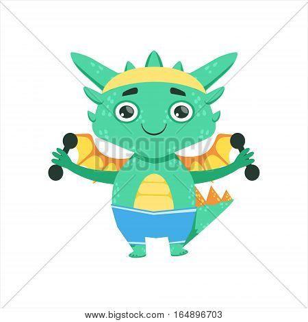 Little Anime Style Baby Dragon Exercising With Dumbbells Cartoon Character Emoji Illustration. Vector Childish Emoticon Drawing With Fantasy Dragon-like Cute Creature.