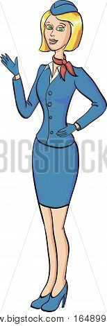 Cartoone beautiful stewardess in full growth.  Vector illustration