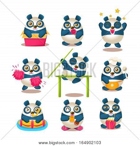 Cute Panda Emoji Collection With Humanized Cartoon Panda Character Doing Different Day-to-day Things. Colorful Isolated Vector Illustrations With Animal In Different Fantastic Situations Set.
