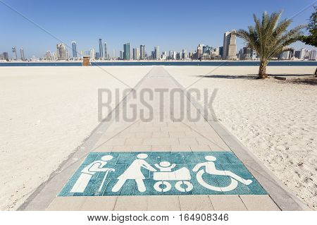 Special walkway for disabled elderly and mothers with a baby stroller at the Al Mamzar beach in Dubai United Arab Emirates