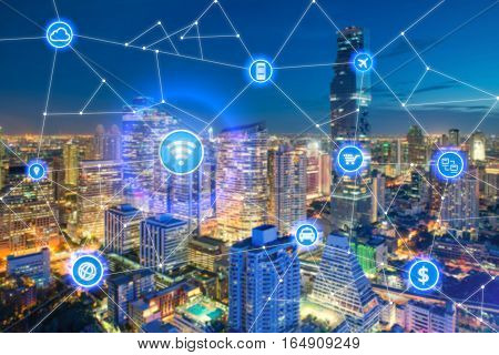 Smart city and wireless communication network business district with office building abstract image visual internet of things concept