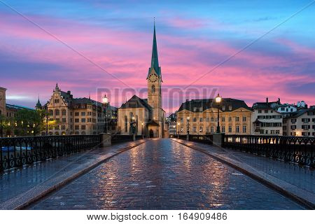 Zurich. Image of Zurich capital of Switzerland during dramatic sunset.