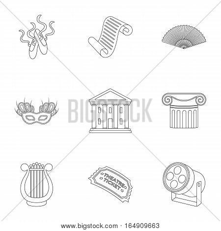 Theater set icons in outline style. Big collection of theater vector symbol stock