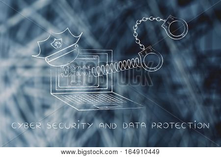 Laptop With Police Hat And Handcuffs, Spyware Found Message