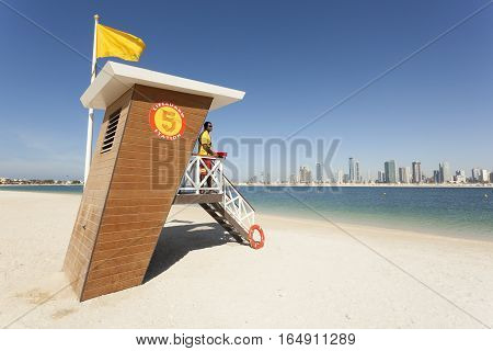 DUBAI UAE - NOV 30 2016: Lifeguard station at the Al Mamzar beach in Dubai. United Arab Emirates Middle East