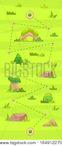 Game map Illustration and floral elements. Set cute trees rocks for mobile games and web design. Vector stock illustration