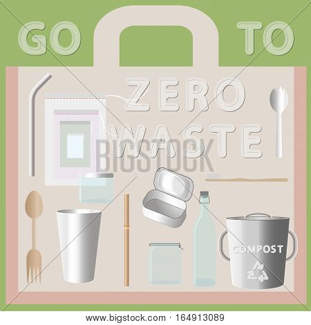 set of things go to zero waste flat lay vector style