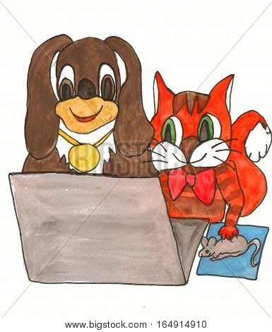 Illustration dog and cat with computer on white background.