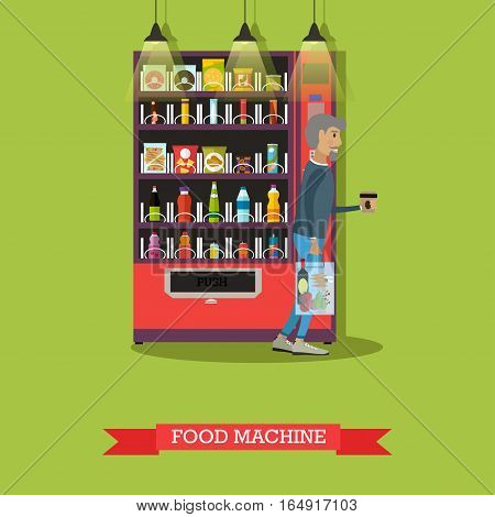 Vector illustration of food machine with snacks and drinks, man with coffee. Vending machines service concept design element in flat style.