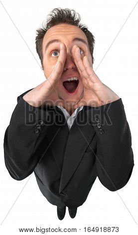 Young Man In Suit Yelling Top-down View - Isolated