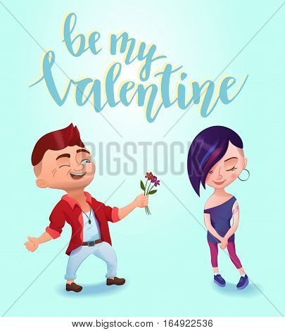 Hipster trendy couple on romantic date on st. Valentine's day. Typographic background with letterrs be my valentine.