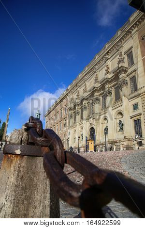 STOCKHOLM SWEDEN - AUGUST 19 2016: View of The Royal Palace located on the Slottsbacken street in Stockholm Sweden on August 19 2016.