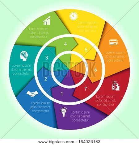 Template cyclic diagramme for Infographic seven position Area chart ring arrows pie chart