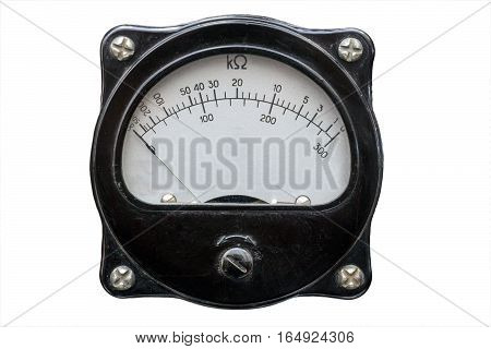 Old measuring instrument with an arrow isolated on white background. Retro analog device