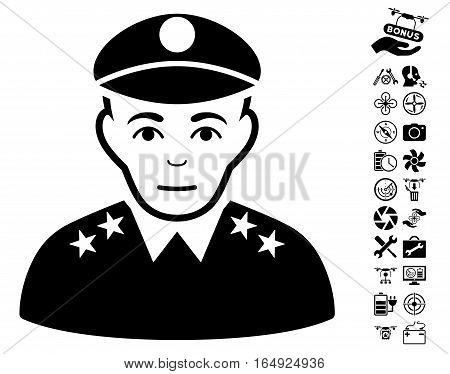Army General icon with bonus quadrocopter service pictures. Vector illustration style is flat iconic black symbols on white background.