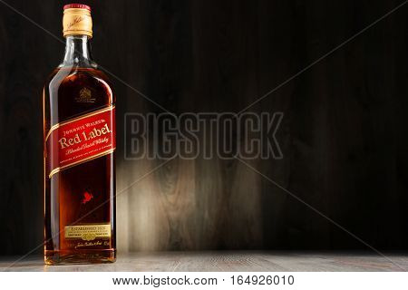 POZNAN POLAND - DEC 2 2016: Johnnie Walker is the most widely distributed brand of blended Scotch whisky in the world with sales of over 130 million bottles a year.