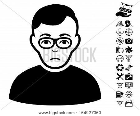Downer pictograph with bonus quad copter tools graphic icons. Vector illustration style is flat iconic black symbols on white background.