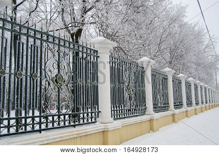 steel park fence powdered with frost taken from persperkivoy