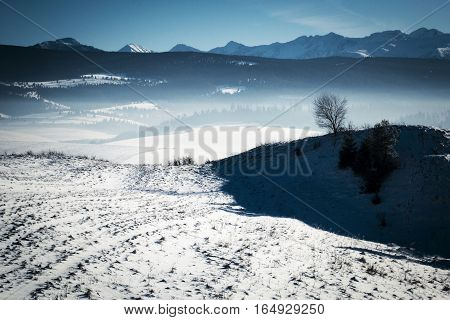 seasonal background submontane winter snowy moutain landscape