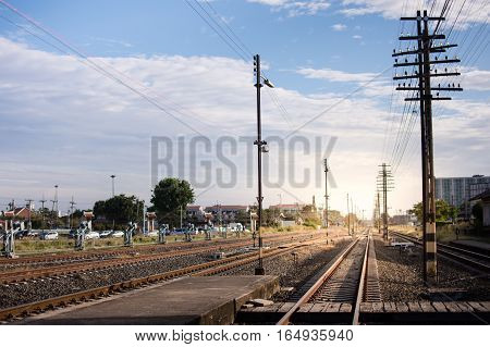 Railway corridor. Double-track railway go to station.