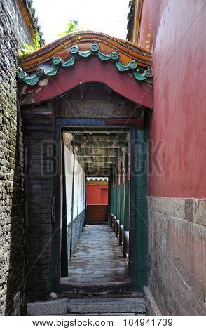 Corridor in the Shenyang Imperial Palace Mukden Palace, Shenyang, Liaoning Province, China. Shenyang Imperial Palace UNESCO world heritage site built in 400 years ago.
