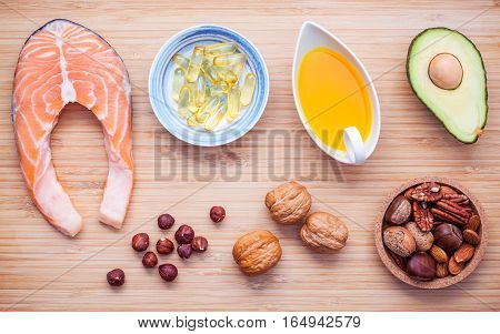 Selection Food Sources Of Omega 3 And Unsaturated Fats. Superfood High Vitamin E  For Healthy Food.
