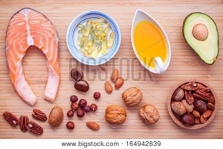 Selection Food Sources Of Omega 3 And Unsaturated Fats. Superfood High Vitamin E For Healthy Food. A