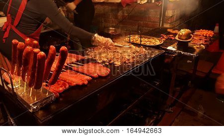 Grill Frying Fresh Meat Chicken Barbecue Sausage at night market
