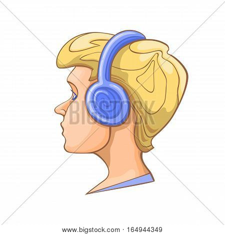 Boy listening to music on headphones. A blonde head in profile. Stock vector illustration.