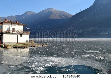 Lake Endine in the province of Bergamo completely frozen - Italy