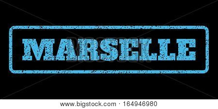 Light Blue rubber seal stamp with Marselle text. Vector message inside rounded rectangular banner. Grunge design and dust texture for watermark labels. Horisontal sticker on a black background.