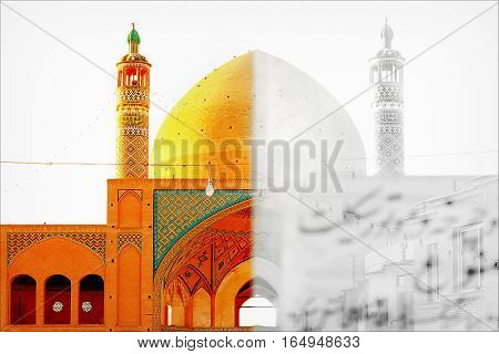 Iran, Kashan, Juma Friday mosque in the rays of the evening sun. Symmetry photo. Monochrome.