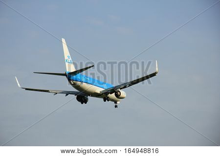 Amsterdam the Netherlands - May 6th 2016: PH-BXY KLM Royal Dutch Airlines Boeing 737 approaching Schiphol Zwanenburg runway arriving from Oslo Norway