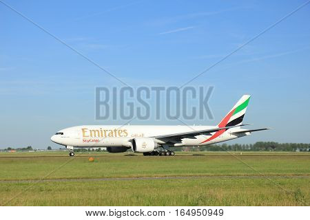 Amsterdam the Netherlands - June 9th 2016: A6-EFJ Emirates Boeing 777-F1H departing from Polderbaan runway Schiphol destination Culumbus Ohio (USA)