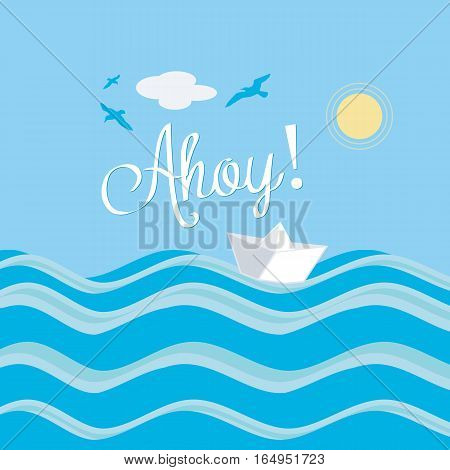 Paper Boat Ahoy Water Sun Summer Sailing Illustration