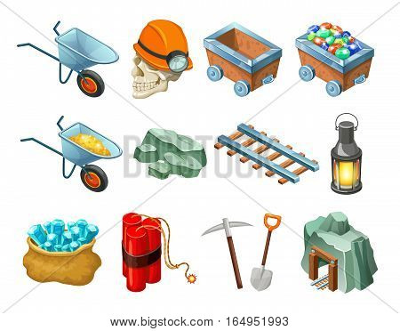 Mining game isometric elements collection with cart trolley gemstones minerals railway lantern dynamite showel pick isolated vector illustration