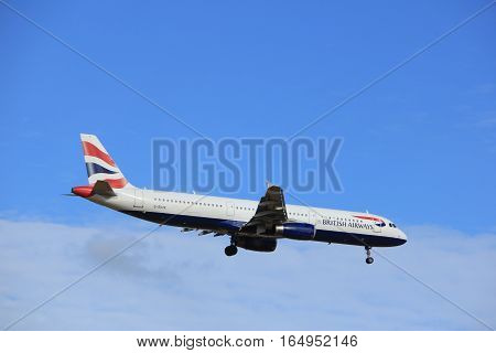 Amsterdam the Netherlands - July 15th 2016:G-EUXK British Airways Airbus A321 approaching Polderbaan runway at Schiphol Amsterdam Airport arriving from London United Kingdom