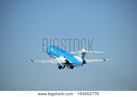 Amsterdam the Netherlands - August 18th 2016: PH-KZS KLM Cityhopper Fokker F70 taking off from Polderbaan Runway Amsterdam Airport Schiphol