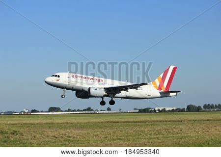 Amsterdam the Netherlands - August 18th 2016: D-AKNN Germanwings Airbus A319 taking off from Polderbaan Runway Amsterdam Airport Schiphol