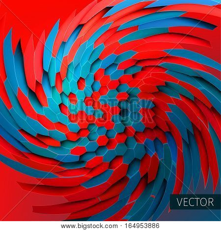Vortex illustration. Twirl background. Distortion of hexagons. 3d backdrop for web