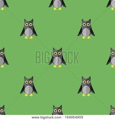 Cartoon Owl Seamless Pattern on Green Background