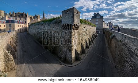 High stone fortification walls of Saint-Malo city, Bretagne, France