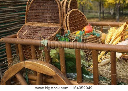 Many food and goods on country outdoors fair, in horse cart