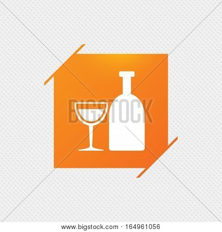 Alcohol sign icon. Drink symbol. Bottle with glass. Orange square label on pattern. Vector