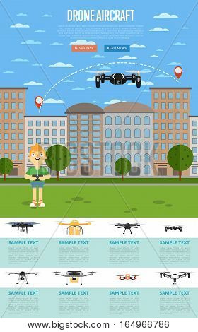 Drone aircraft template with boy operating flying robot in park vector illustration. Remotely controlled multicopter. Unmanned aerial vehicle. Piloted copter drone. Modern flying device.