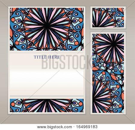 Vintage cards with Floral mandala pattern and ornaments. Vector Flyer oriental design Layout template, size A5. Islam, Arabic, Indian, ottoman motifs. Front page and back page. Easy to use and edit.