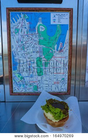 Meat Pie With Sydney City Map At Harrys Cafe De Wheels