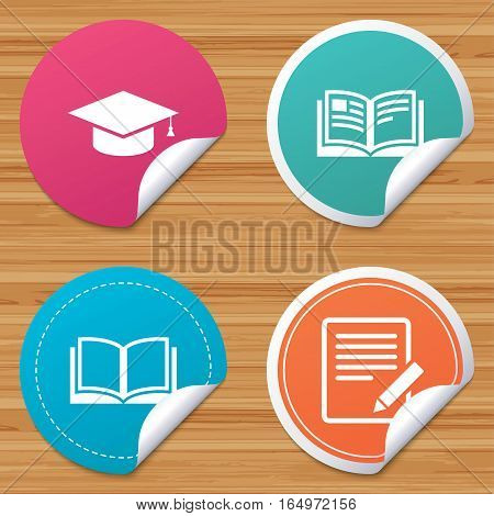 Round stickers or website banners. Pencil with document and open book icons. Graduation cap symbol. Higher education learn signs. Circle badges with bended corner. Vector